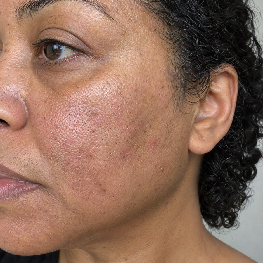 Joue avant la cure, pores visibles et grain de peau irrégulier