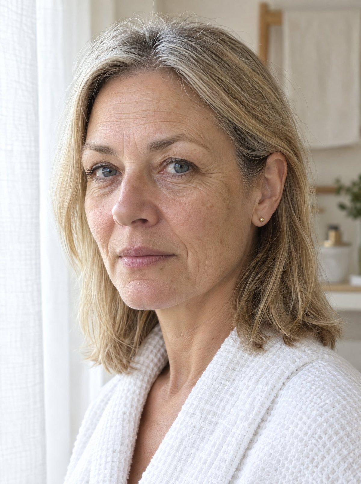 Femme d'une cinquantaine d'années en peignoir, sans maquillage, avec des ridules visibles sur le front et autour des yeux