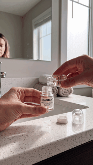 Mains versant le sérum, vissant la tête et tenant le système tête en bas