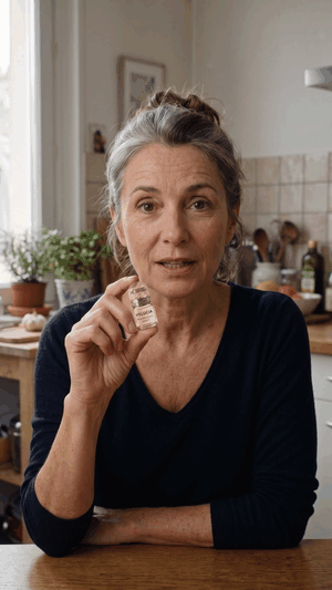 Femme d'une cinquantaine d'années montrant la tête à micro-pointes, la testant sur le dos de sa main puis touchant sa joue