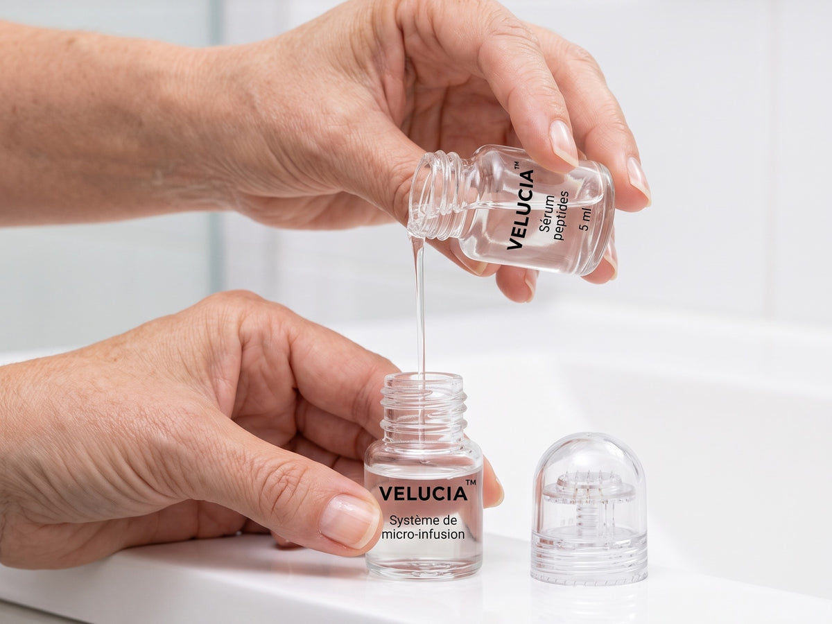 Mains versant un sérum Velucia dans le flacon réservoir ouvert