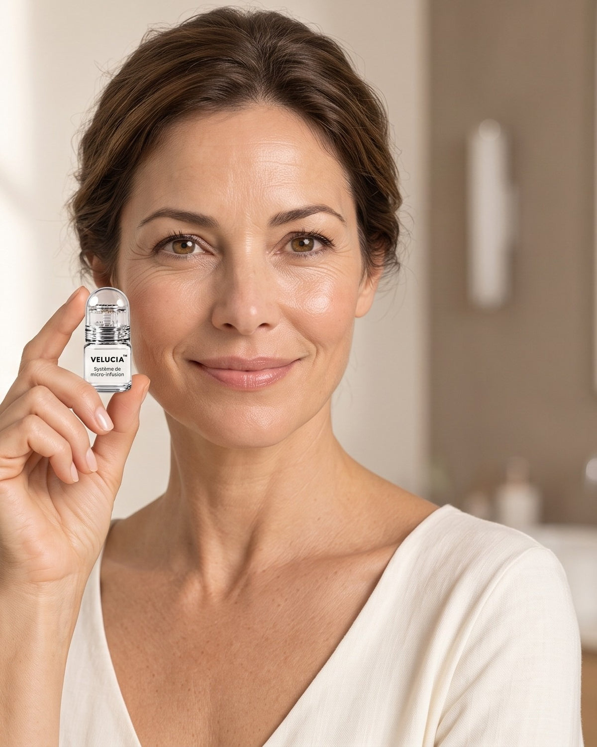 Femme tenant le système de micro-infusion Velucia près de son visage