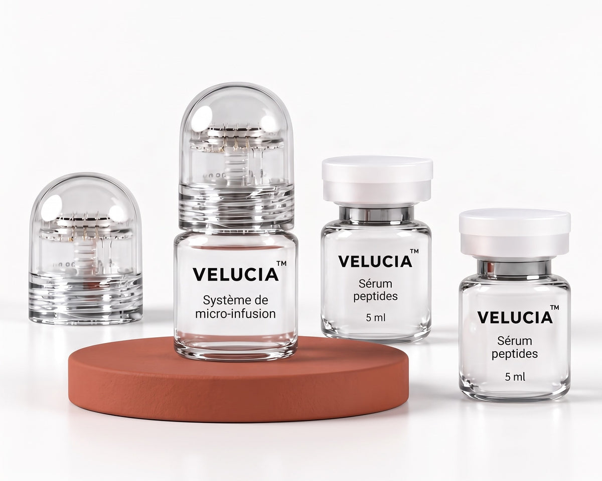 Contenu d'un kit Velucia : le système avec sa tête et son capot, une tête de rechange et deux sérums de 5 ml