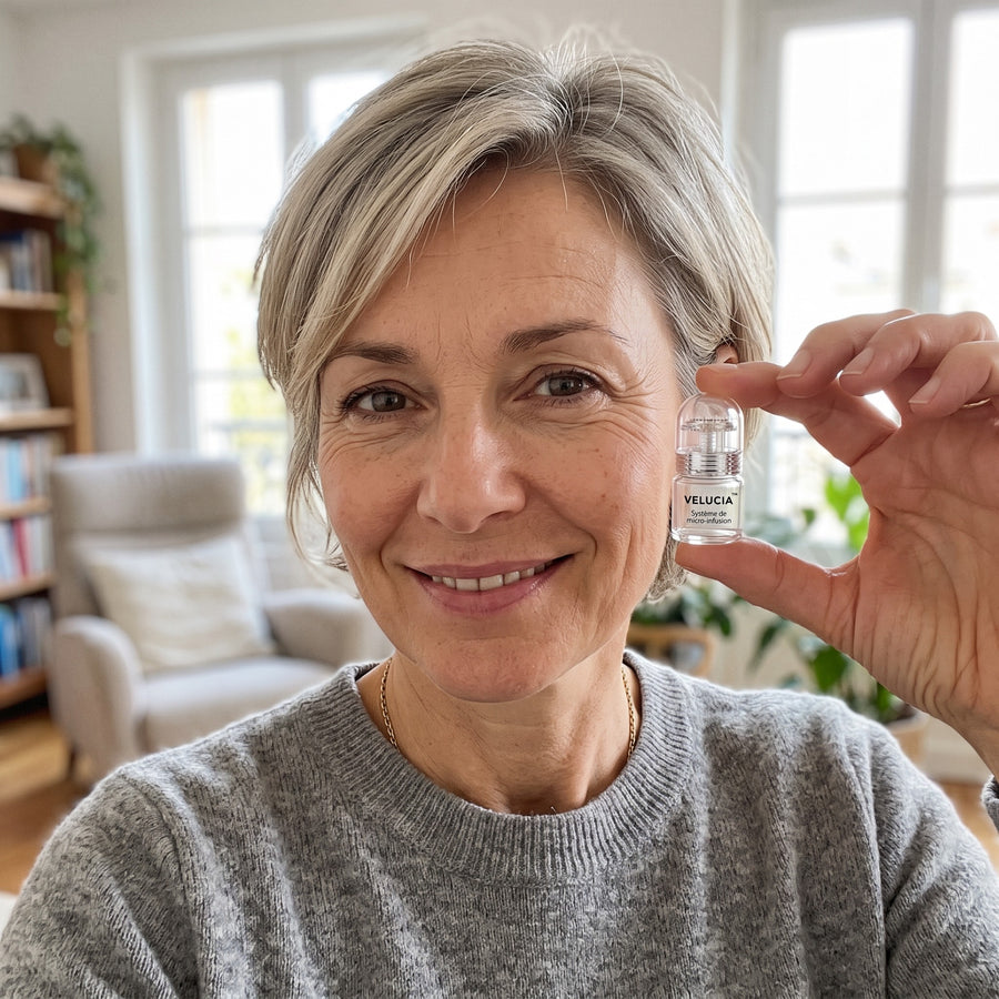 Nathalie tenant le système Velucia près de sa joue