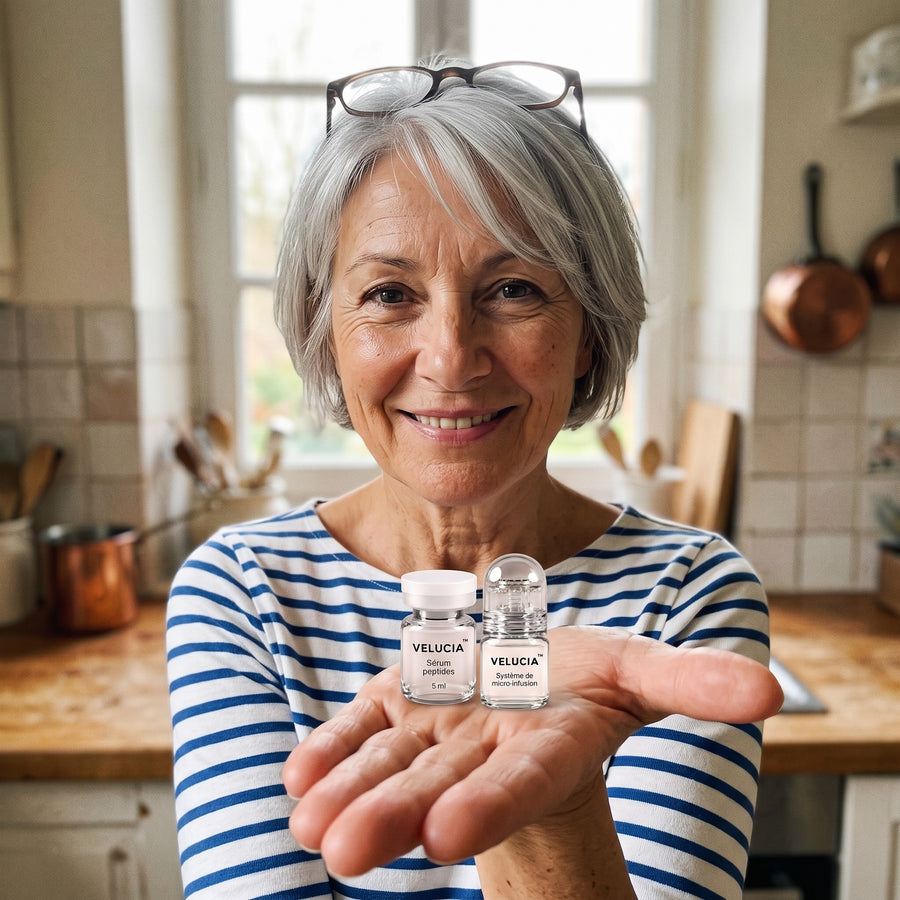 Sylvie montrant le système Velucia et un sérum dans sa main