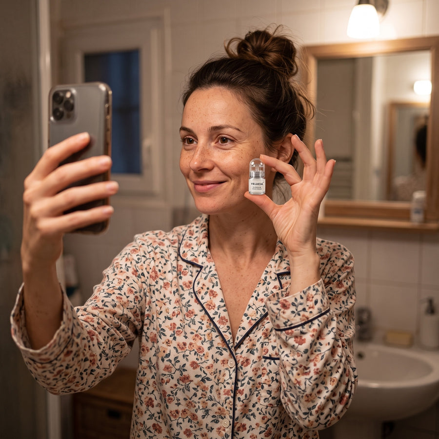 Aurélie en pyjama, selfie dans le miroir avec le système Velucia