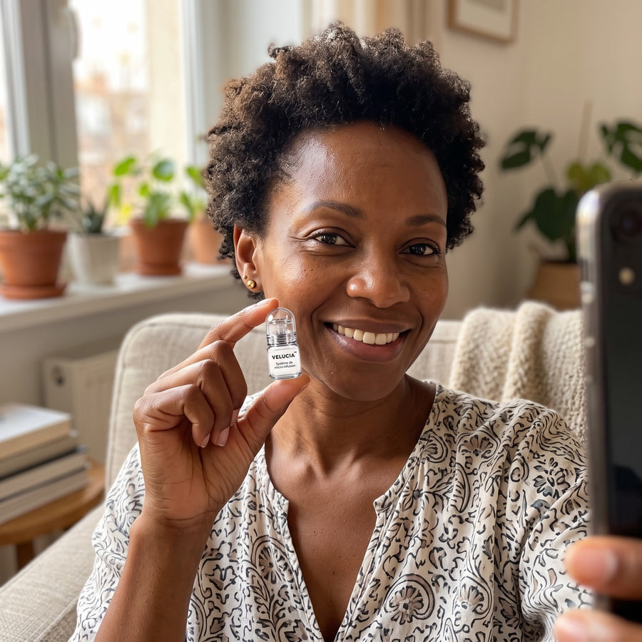 Fatou souriante tenant le système Velucia