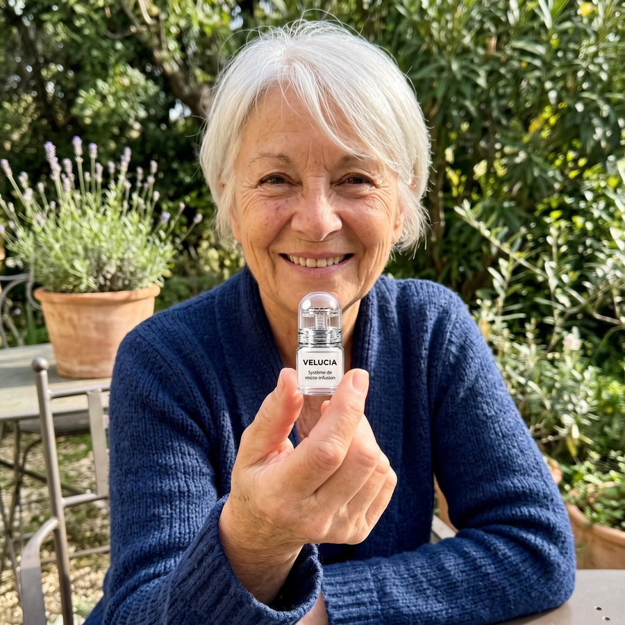 Martine sur une terrasse, tenant le système Velucia